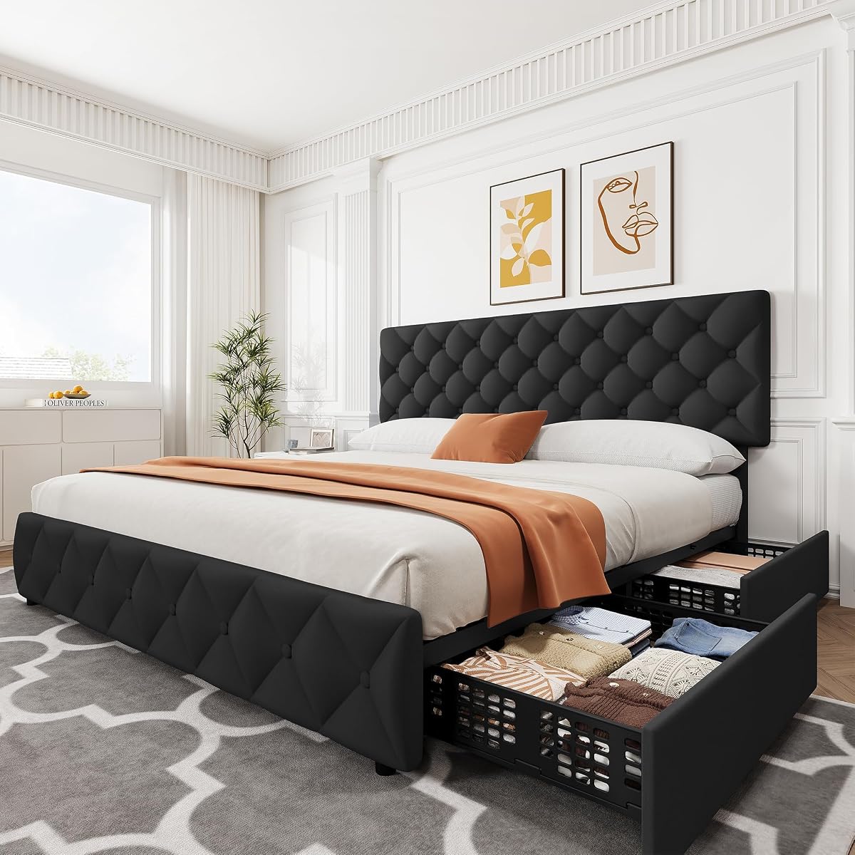 King Size Bed Frame with 4 Storage Drawers and Adjustable Headboard