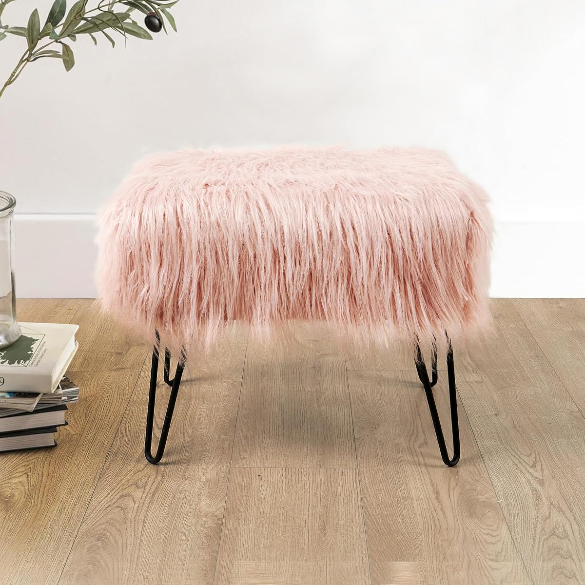 Pink Mongolian Faux Fur Ottoman, Rose, 19'' x 13'' x 17'', Cozy Plush Fluffy Ottoman Foot Rest Stool for Living Room Bedroom Entryway Makeup Bench End of Bed Home Décor