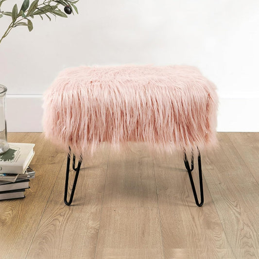 Pink Mongolian Faux Fur Ottoman, Rose, 19'' x 13'' x 17'', Cozy Plush Fluffy Ottoman Foot Rest Stool for Living Room Bedroom Entryway Makeup Bench End of Bed Home Décor