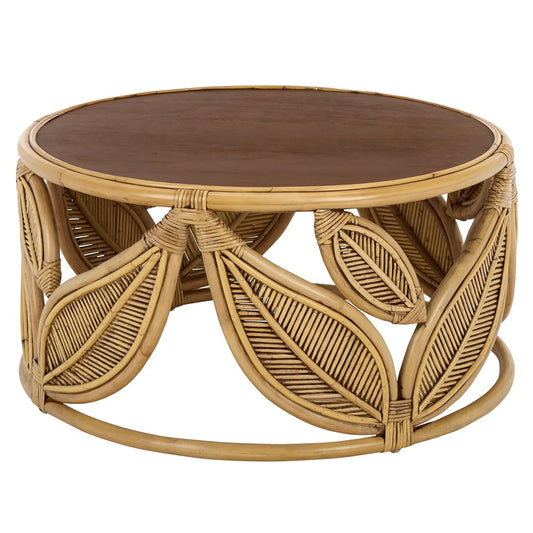 SAFAVIEH Furniture - Lusine Round Coffee Table - Honey Brown Wash & Solid Wood with Leaf Design - Boho Living Room Accent Table, 31.1" W x 31.1" D x 16" H (COF6520B)