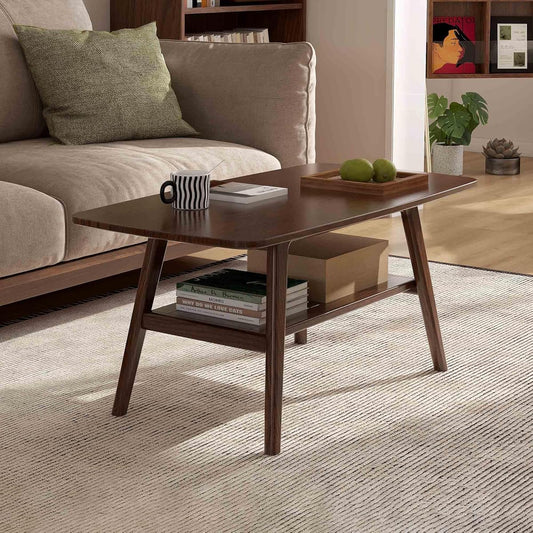 100% Solid Wood Coffee Table for Living Room, 39.37" Mid Century Modern Tables with Shelf Storage, 2-Tier Coffee Table with Rounded Corners (Oak Wood Walnut Color, 39.37" L)