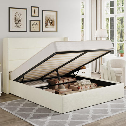 Queen Size Chenille Lift Up Hydraulic Storage Bed Frame Cream White