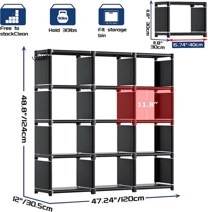 Book Shelf, 12 Cube Storage Organizer, DIY Bookcase, Metal Bookshelf,Tall Book Case for Bedroom, Living Room,Office,Closet, Black Cubicle Rack