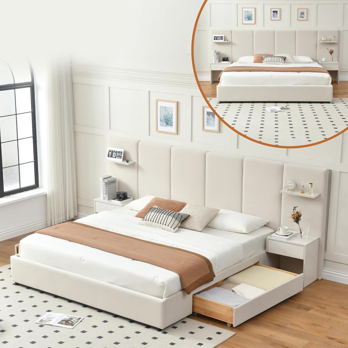 King Size Bed Frame with Storage & Built-in Nightstands & Drawers, Beige