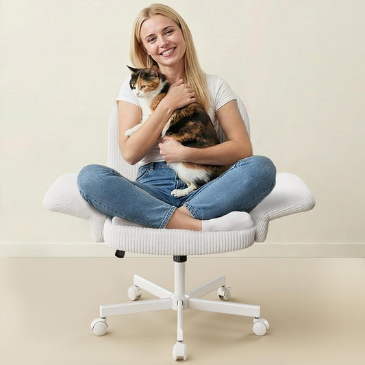 Criss Cross Office Chair for Women, Cross Legged Desk Chair with Adjustable Armrests, Soft Corduroy Fabric for Small Spaces, Petite Home Office Computer Chair for Girls, White