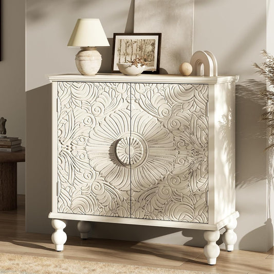 Buffet Cabinet with Storage, Accent Cabinet with 2 Carved Doors, Solid Wood Sideboard with Adjustable Shelf, Vintage Cabinets for Kitchen, Living Room, Entryway, Beige
