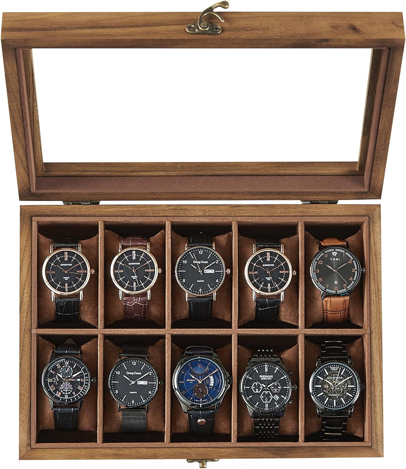 8-Slot Watch Box, 2-Tier Watch Display Case with Large Glass Lid, Removable Watch Pillows, Velvet Lining, Jewelry Box, Gift Idea, Ebony Black UJOW008B01