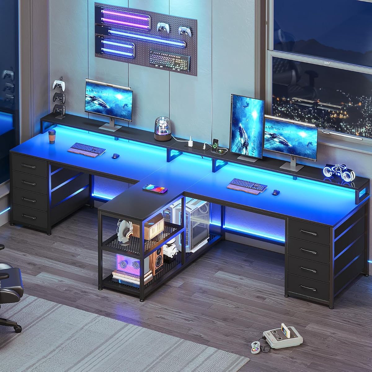 94.5" 2 Person Gaming Desk, Long Office Computer Desk with 8 Drawers & LED Light, Two Person Desk with Storage, Power Strip & Monitor Shelf for Home Office, Black