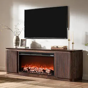 70" Fluted TV Stand with 36" Electric Fireplace, Dark Walnut Oak, view 2