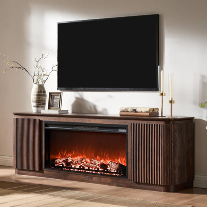 70" Fluted TV Stand with 36" Electric Fireplace, Dark Walnut Oak