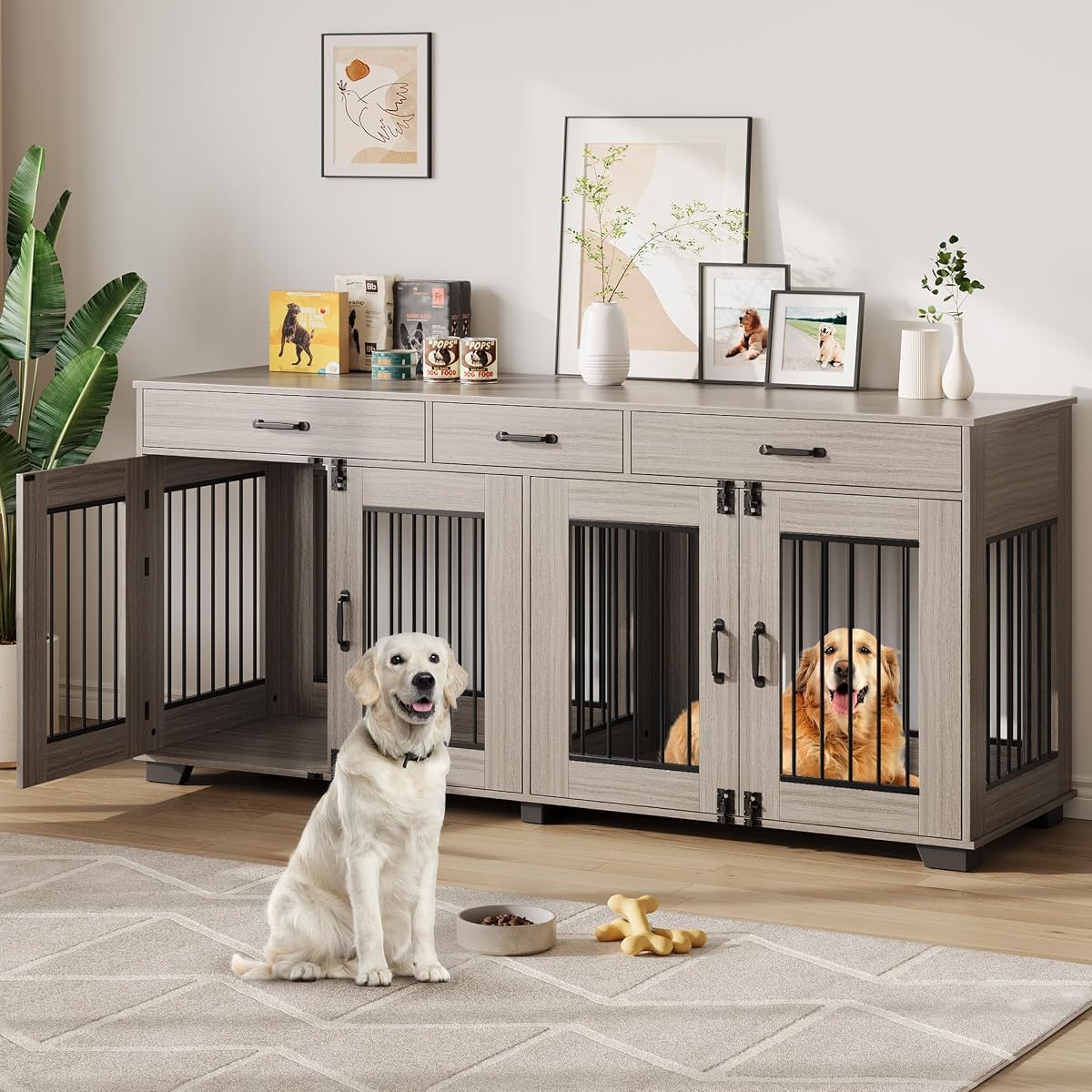 71'' Large Dog Crate for 2 Dogs, Dog Crate with 3 Drawers, Grey