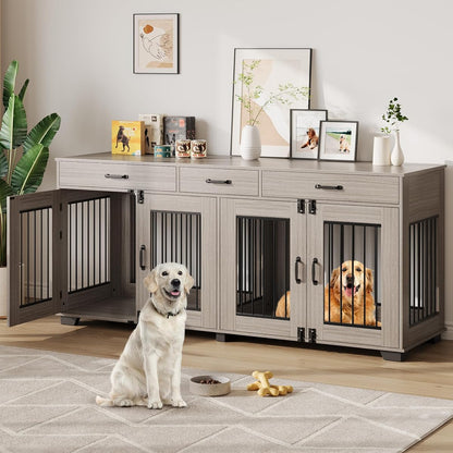 71'' Large Dog Crate for 2 Dogs, Dog Crate with 3 Drawers, Grey