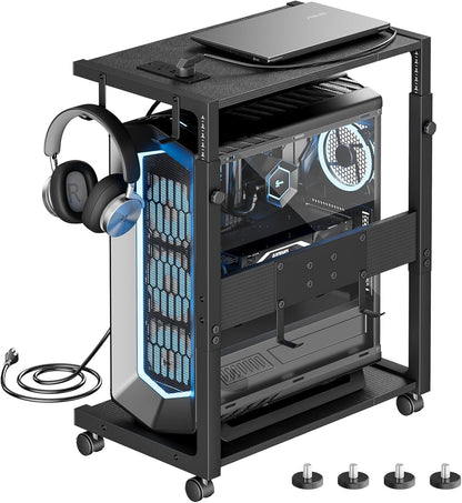 Computer Tower Stand - Adjustable PC Tower Stand CPU Holder Cart with Charging Station for Office Home Classroom,23.03"-28.3" H, Black