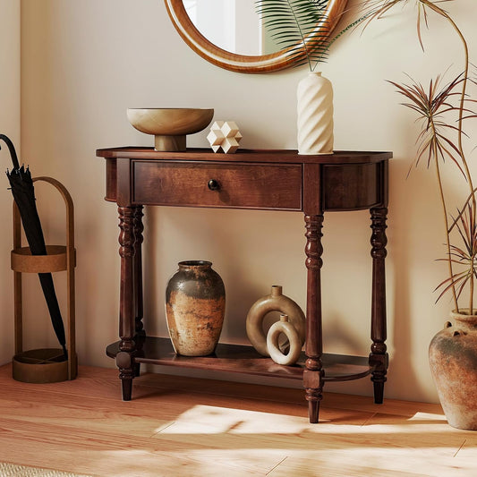 2-Tier Console Table, 36" Retro Entryway Table with Storage Drawer & Elegant Legs, Narrow Wooden Sofa Table with Open Shelf for Living Room, Foyer, Hallway, Bedroom, Entrance (Brown)