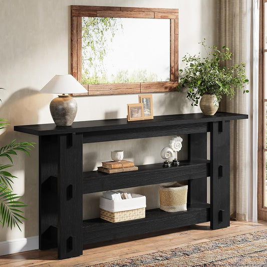 63-Inch Solid Wood Console Table, Farmhouse Sofa Table Behind Couch with Storage Shelves, Entryway Furniture for Living Room, Hallway, Foyer, Black