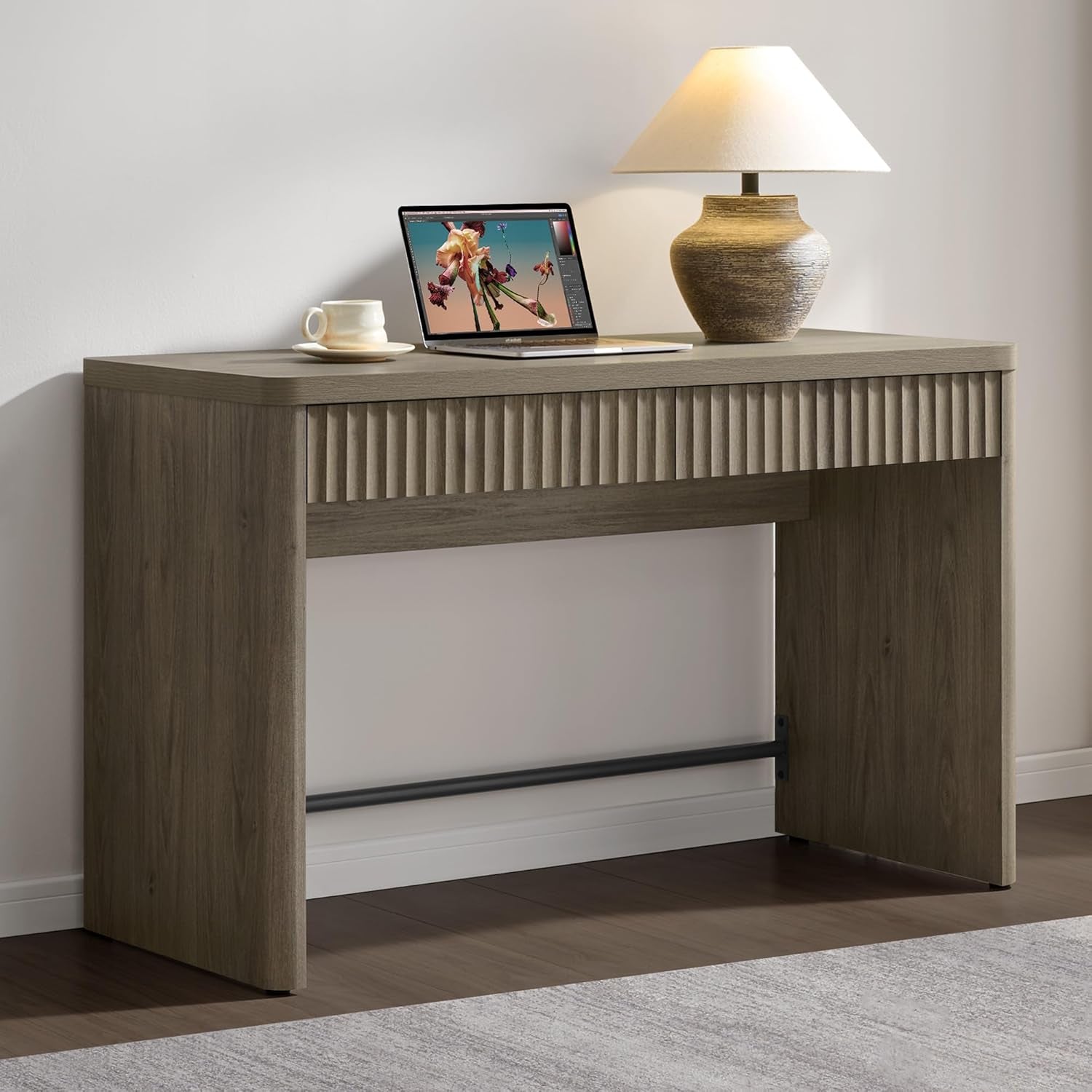 Office Computer Desk with 2 Drawers Modern Executive Writing Desk 48.8" Large Work Home Office Desks with Storage Fluted Makeup Vanity Table Study Table for Living Room Bedroom, Grey Alder