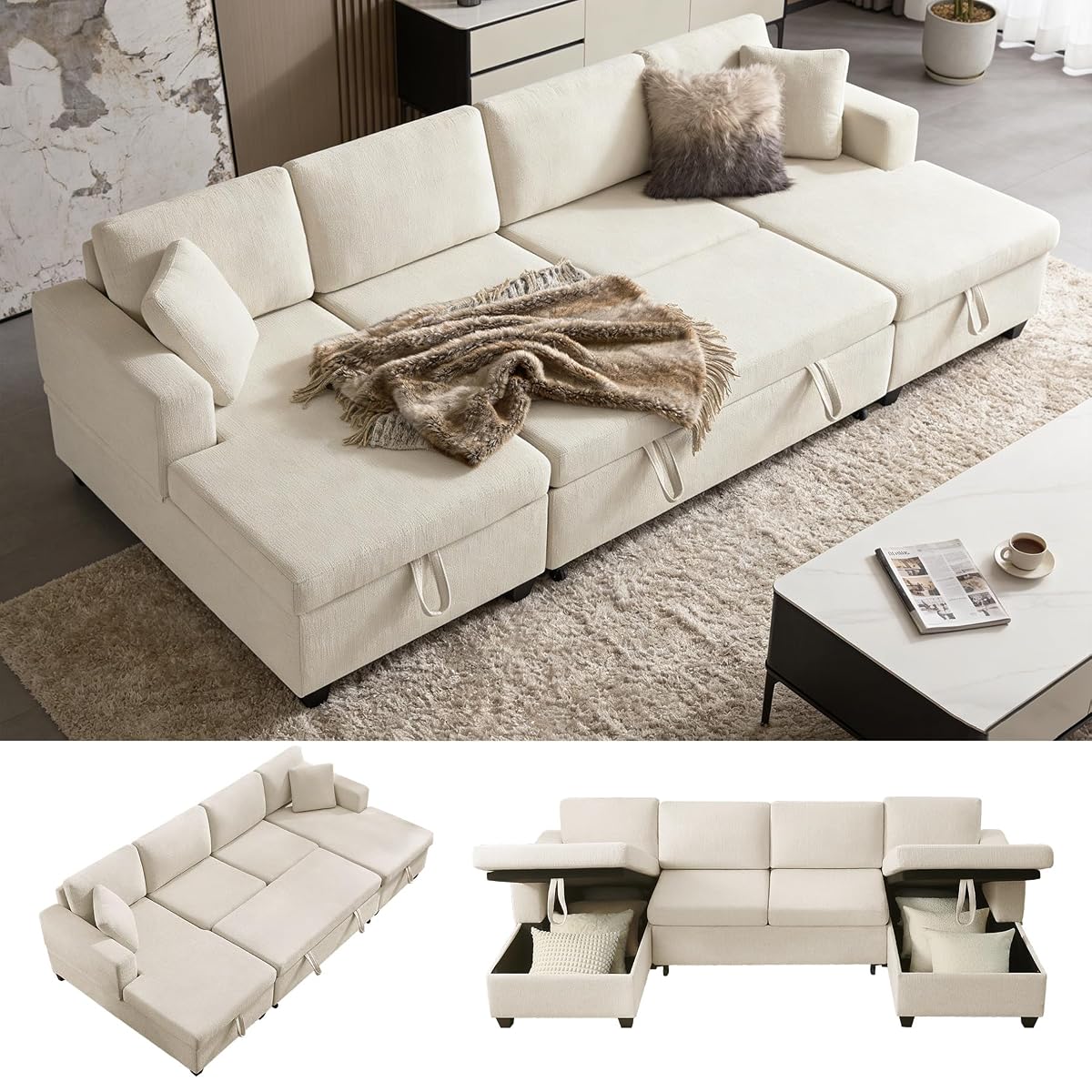 U Shaped Sectional Sleeper Sofa with Pull Out Bed, 113" Modular Sectional Sofa with Storage Chenille Couches for Living Room, Apartment, Office, Beige