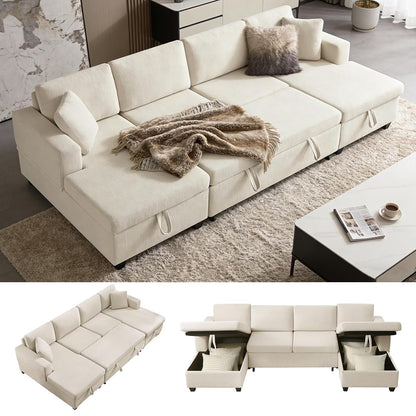U Shaped Sectional Sleeper Sofa with Pull Out Bed, 113" Modular Sectional Sofa with Storage Chenille Couches for Living Room, Apartment, Office, Beige