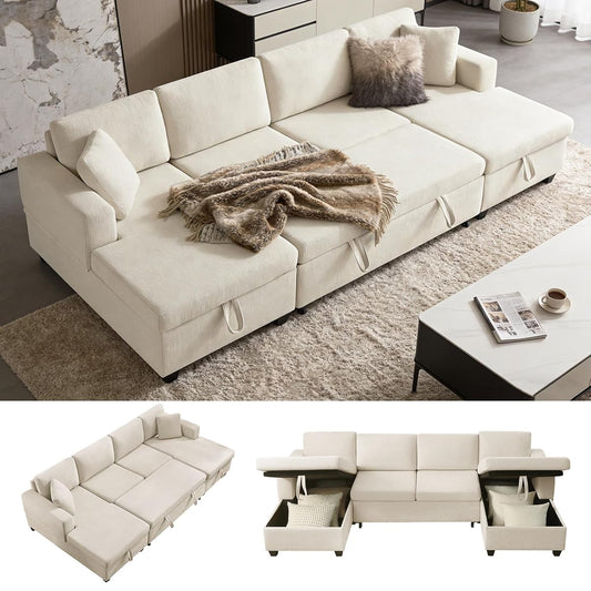 U Shaped Sectional Sleeper Sofa with Pull Out Bed, 113" Modular Sectional Sofa with Storage Chenille Couches for Living Room, Apartment, Office, Beige