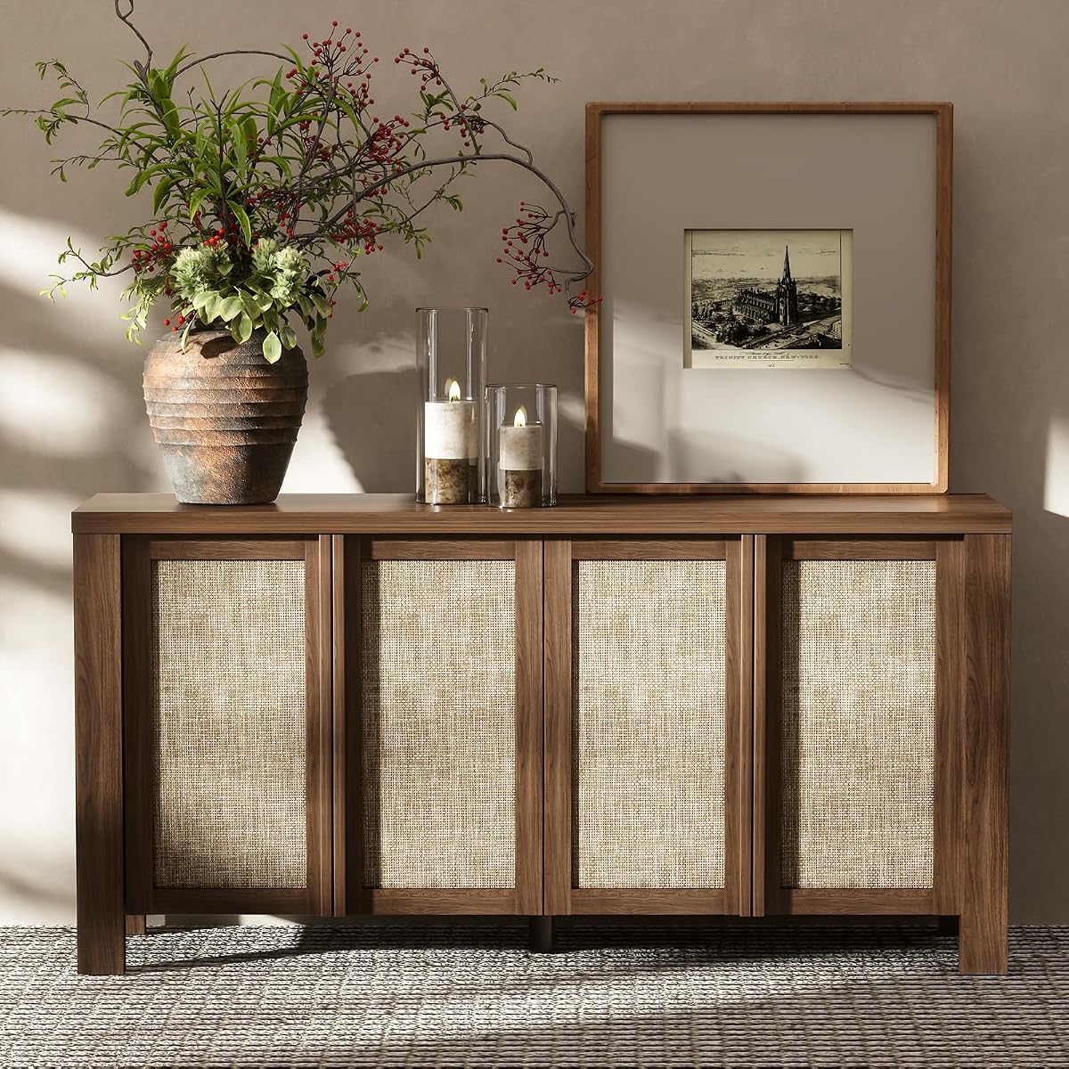Buffet Cabinet with Storage, 63" Wide Sideboard with Solid Wood Handles and Rattan Look Accent Doors, Flexible Shelves, for Living Room, Kitchen, Dark Walnut