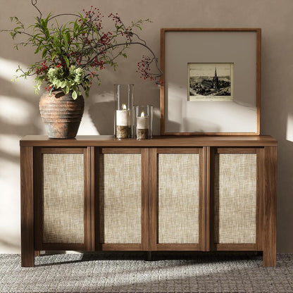 Buffet Cabinet with Storage, 63" Wide Sideboard with Solid Wood Handles and Rattan Look Accent Doors, Flexible Shelves, for Living Room, Kitchen, Dark Walnut