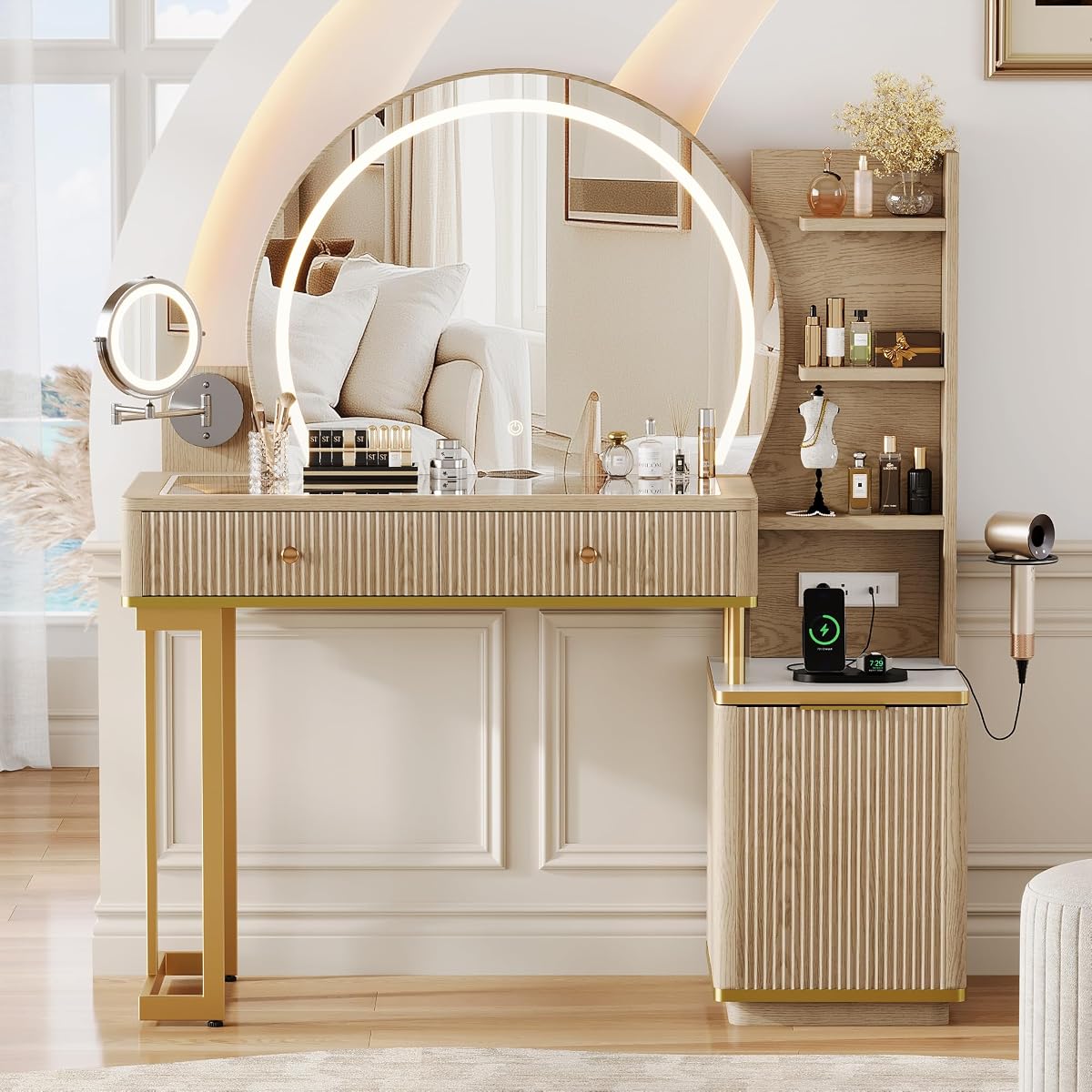 Makeup Vanity Desk with Round Mirror and Lights