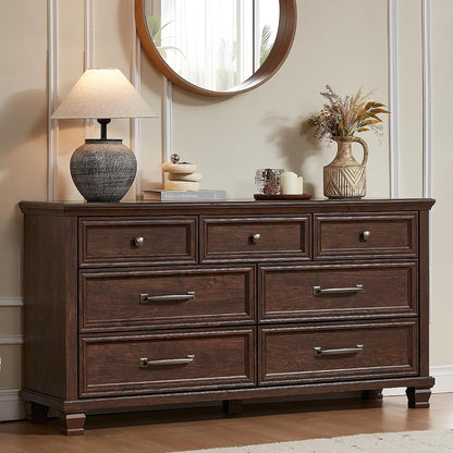 Farmhouse 7 Drawer Dresser for Bedroom, Walnut