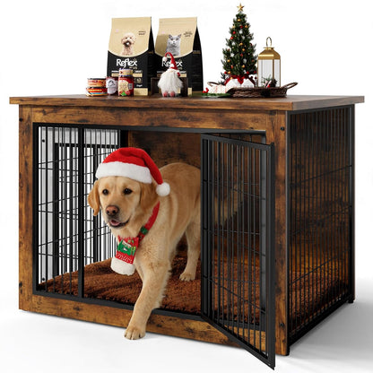 Wooden Dog Crate Furniture with Thick Cushion, Indoor Side Table Dog Kennel