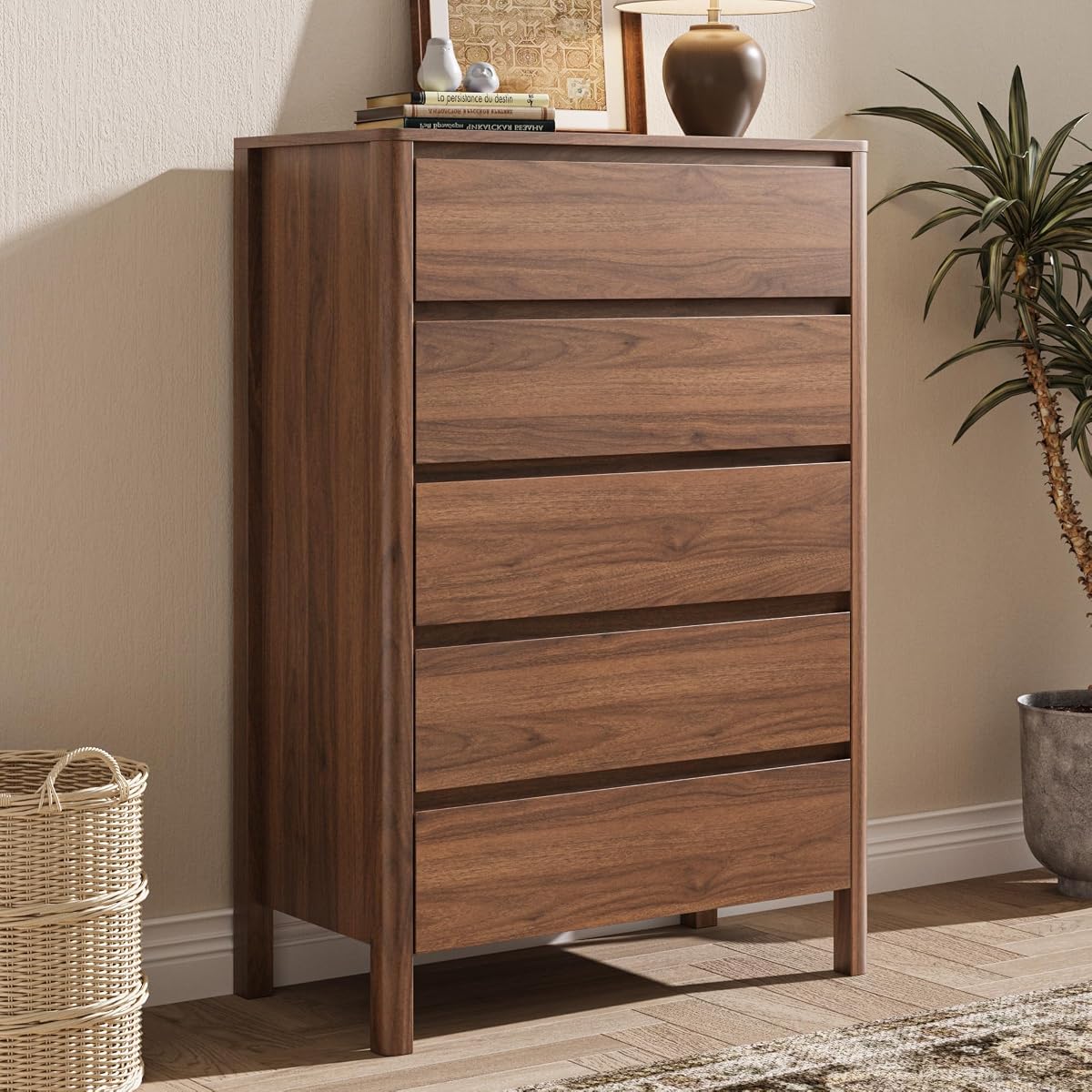 Walnut 5 Drawer Dresser for Bedroom, Modern Tall Dresser with Hidden Handles