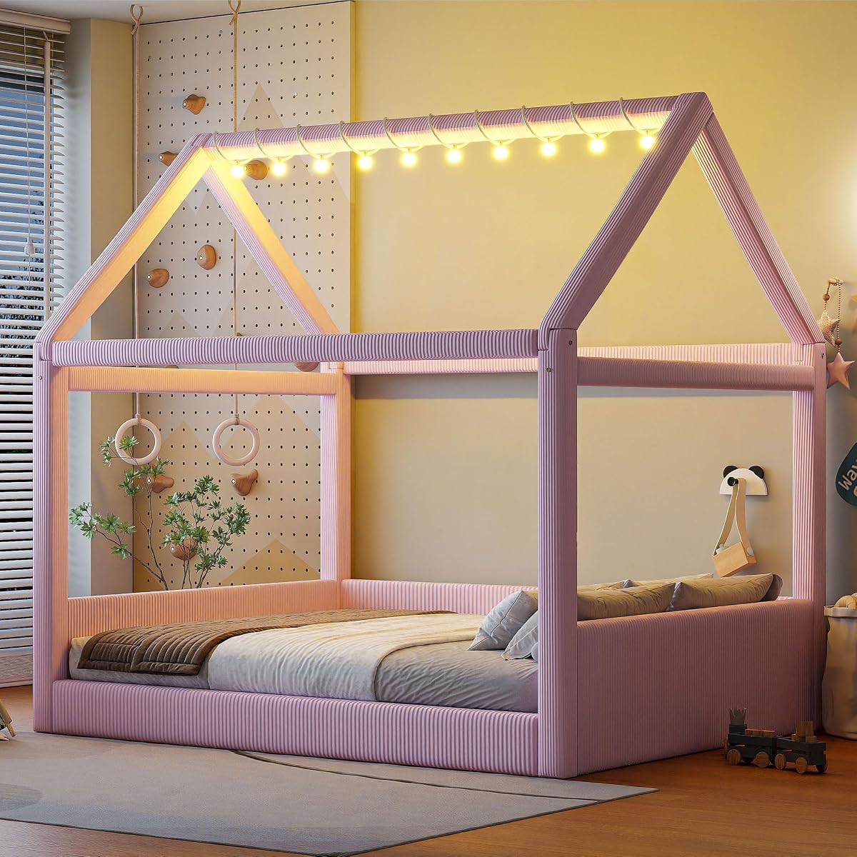 Pink, Full Size Upholstered House Daybed with LED Light Strips