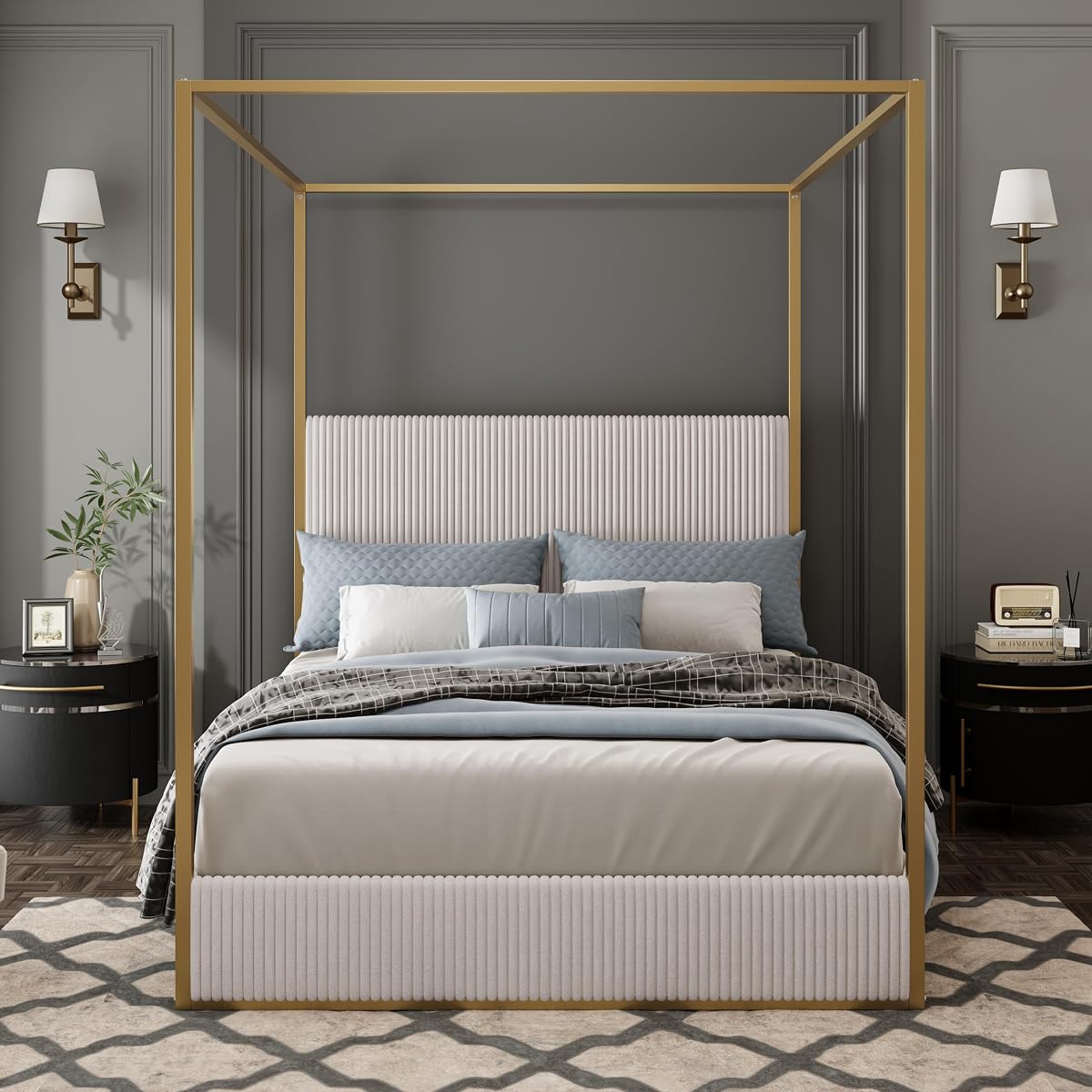 GDFStudio King Size Upholstered Canopy Bed Frame with Tall Corduroy Headboard