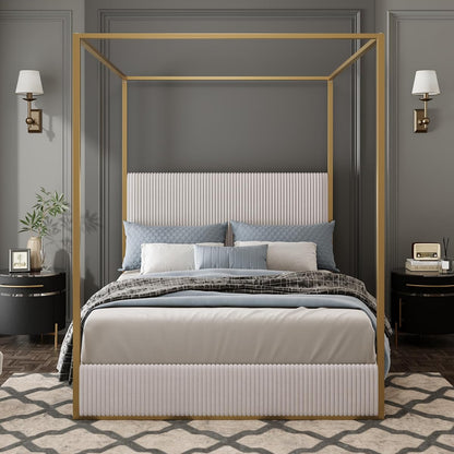 GDFStudio King Size Upholstered Canopy Bed Frame with Tall Corduroy Headboard
