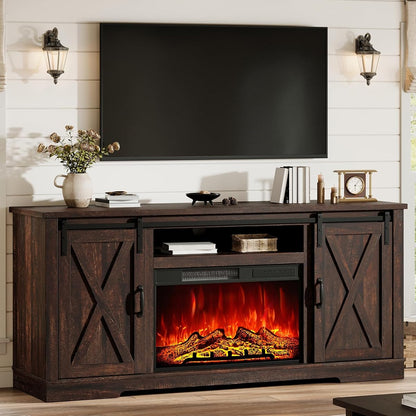 Fireplace TV Stand with Sliding Barn Door for TVs up to 75"