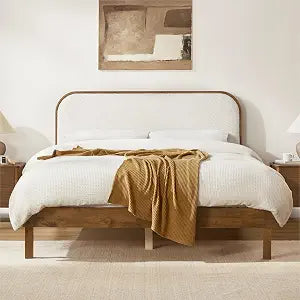 Wood Bed Frame with Upholstered Headboard, view 2