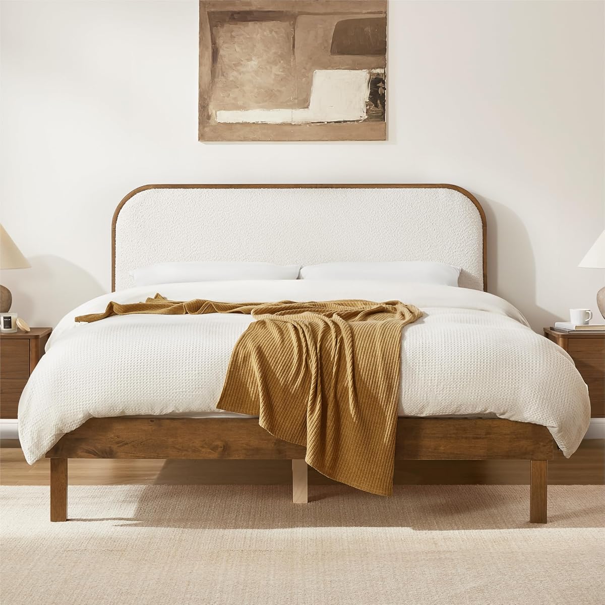 Wood Bed Frame with Upholstered Headboard