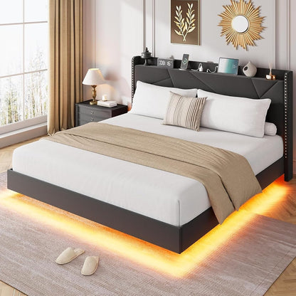 Queen Size Floating Bed Frame with Light and Charging Station, Black