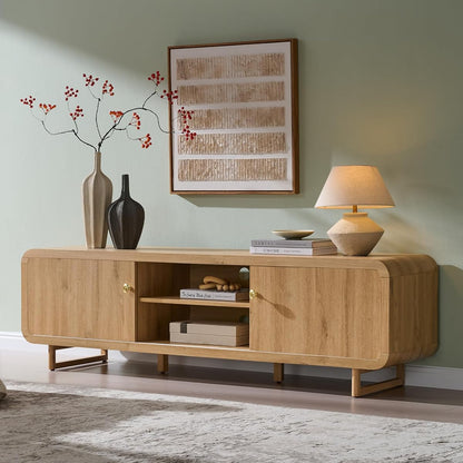 65" Curved TV Stand with Storage for TVs Up to 75", Sliding Doors, Natural