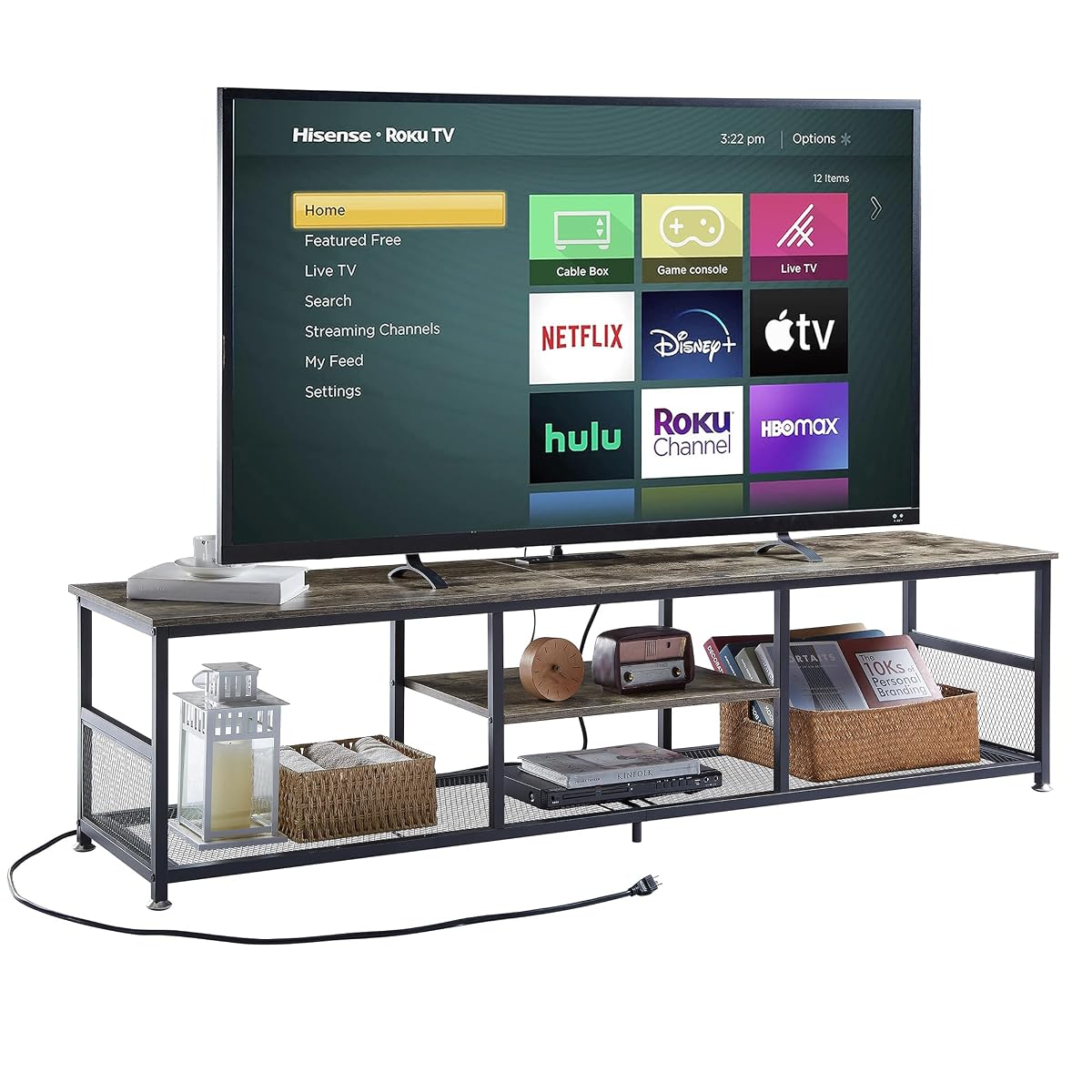 TV Stand with Power Outlets for Televisions up to 80Inch, 70" Media Entertainment Center with Charging Station 3-Tier Open Storage Shelves with Metal Frame for Living Room/Bedroom，Grey