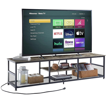 TV Stand with Power Outlets for Televisions up to 80Inch, 70" Media Entertainment Center with Charging Station 3-Tier Open Storage Shelves with Metal Frame for Living Room/Bedroom，Grey