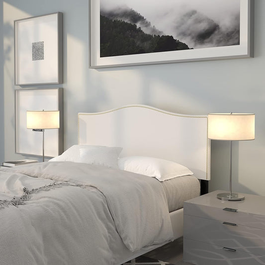 Upholstered Full Size Headboard with Nailtrim in White Fabric