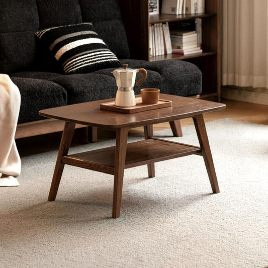 100% Solid Oak Wood Coffee Table for Living Room, 2-Tier Small Table with Storage Shelf, Mid Century Modern Coffee Tables (Walnut, 31.49" x 19.68" x 17.32")