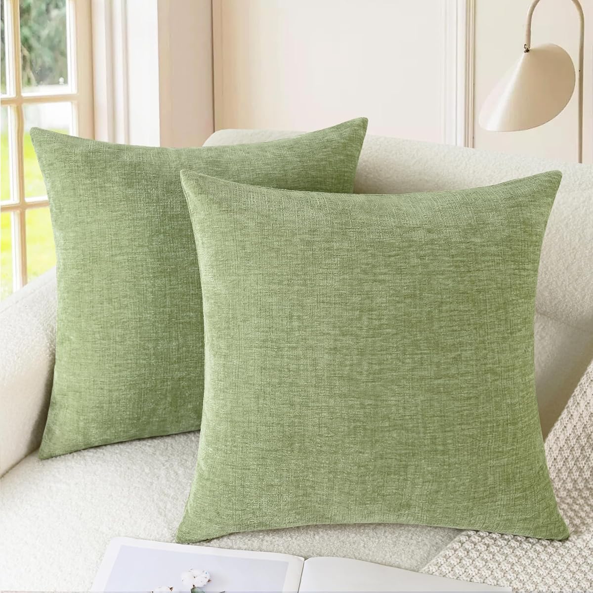 Throw Pillow Covers Decorative 20 X 20 Inches Pack of 2 Cozy Chenille Cushion Cases for Couch Sofa Bed Living Room Home Sage Green