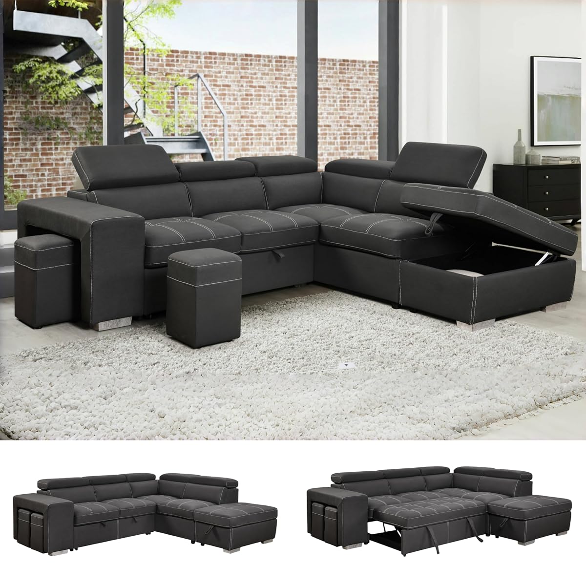 104'' Microfiber L Shaped Sectional Sleeper Sofa Couch with Pull Out Bed and Storage Ottoman, Convertible Couches with Adjustable Headrest for Living Room, Right Facing Chaise. Charcoal Grey