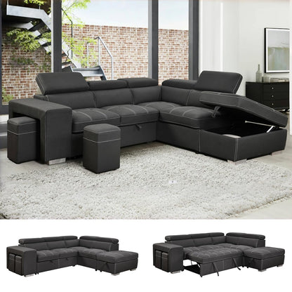 104'' Microfiber L Shaped Sectional Sleeper Sofa Couch with Pull Out Bed and Storage Ottoman, Convertible Couches with Adjustable Headrest for Living Room, Right Facing Chaise. Charcoal Grey
