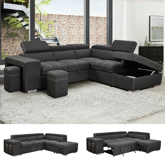 104'' Microfiber L Shaped Sectional Sleeper Sofa Couch with Pull Out Bed and Storage Ottoman, Convertible Couches with Adjustable Headrest for Living Room, Right Facing Chaise. Charcoal Grey