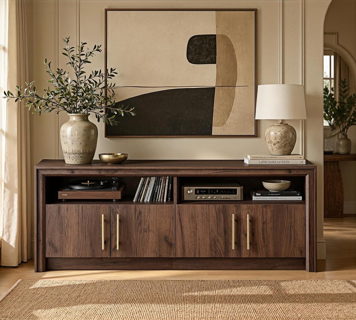 63" Modern TV Stand with Storage, Beveled Profile Design, Walnut