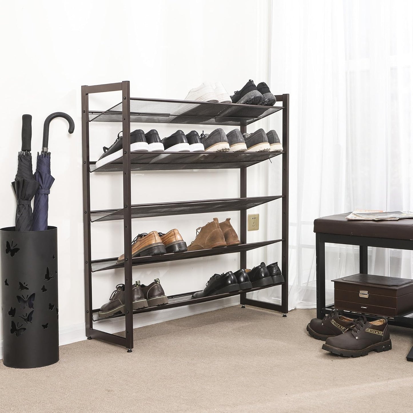 Shoe Rack, 5-Tier Shoe Organizer, Metal Shoe Storage for Garage, Stackable Shoe Shelf, with Adjustable Flat or Angled Shelves, 20-25 Pairs, Bronze ULMR05A