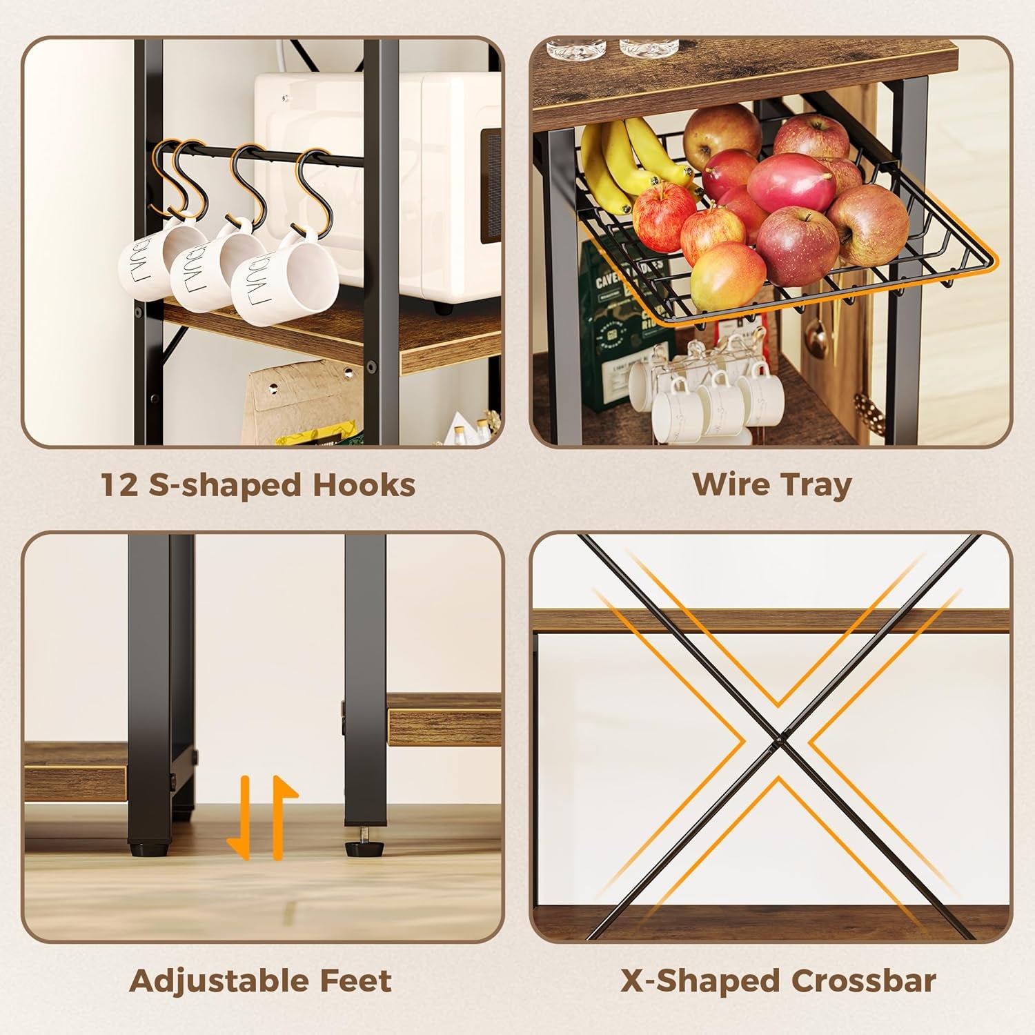 Large Bakers Rack with Power Outlets, 6-Tier Microwave Stand, Coffee Bar with 12 S-Shaped Hooks, Kitchen Shelf with Wire Basket, 39.4 X 14.6 X 66.9 Inches, Rustic Brown
