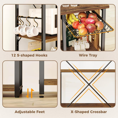 Large Bakers Rack with Power Outlets, 6-Tier Microwave Stand, Coffee Bar with 12 S-Shaped Hooks, Kitchen Shelf with Wire Basket, 39.4 X 14.6 X 66.9 Inches, Rustic Brown