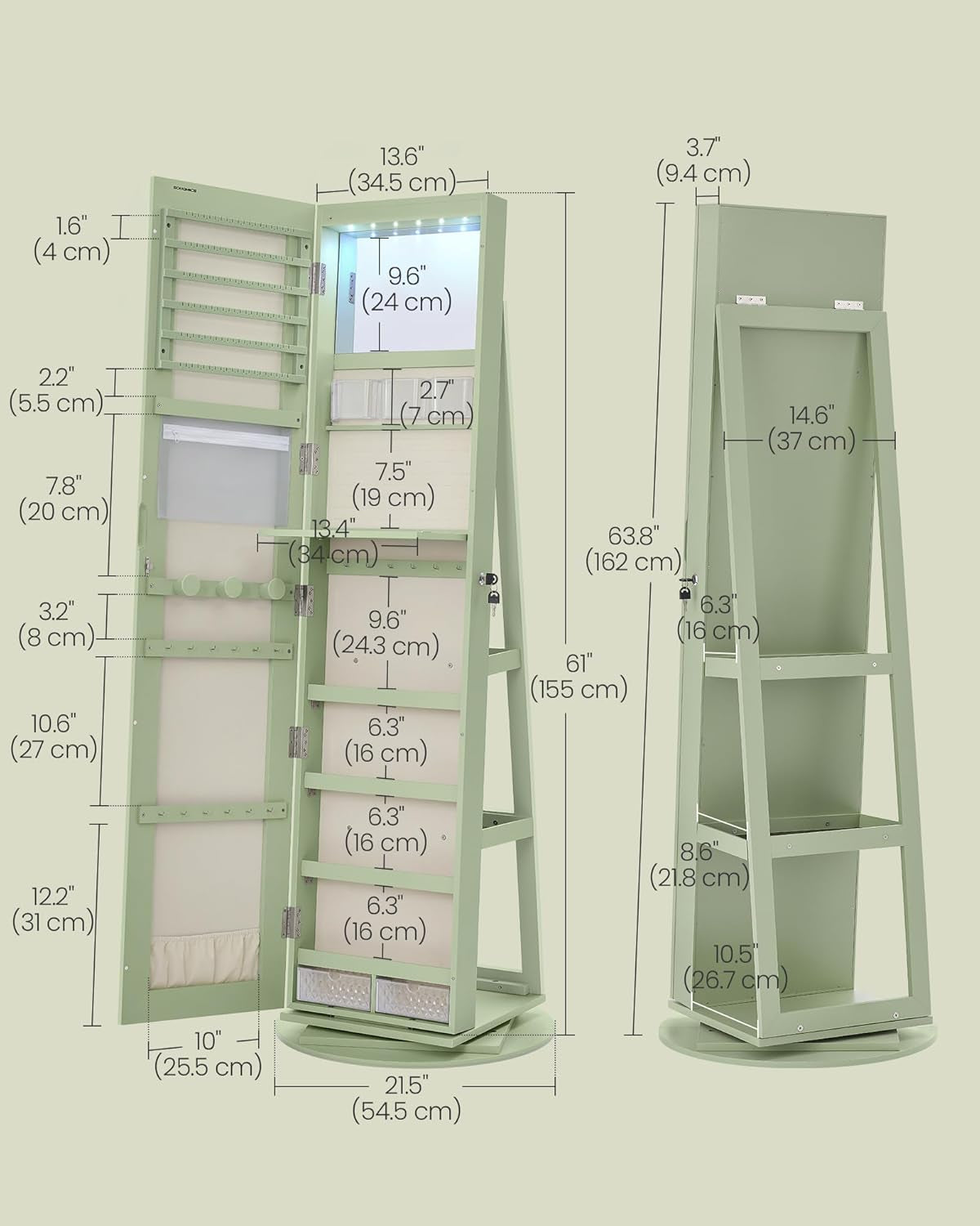 6 Leds Lockable Mirror Jewelry Cabinet, 360° Swivel Jewelry Organizer Armoire Standing, Frameless Full-Length Mirror, 3 Storage Shelves, Laurel Green Surface, Cream White Lining UJJC007C01